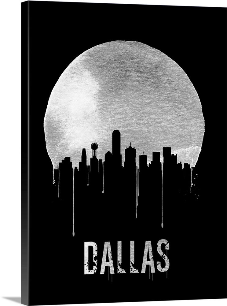 Contemporary watercolor artwork of the Dallas city skyline, in silhouette.