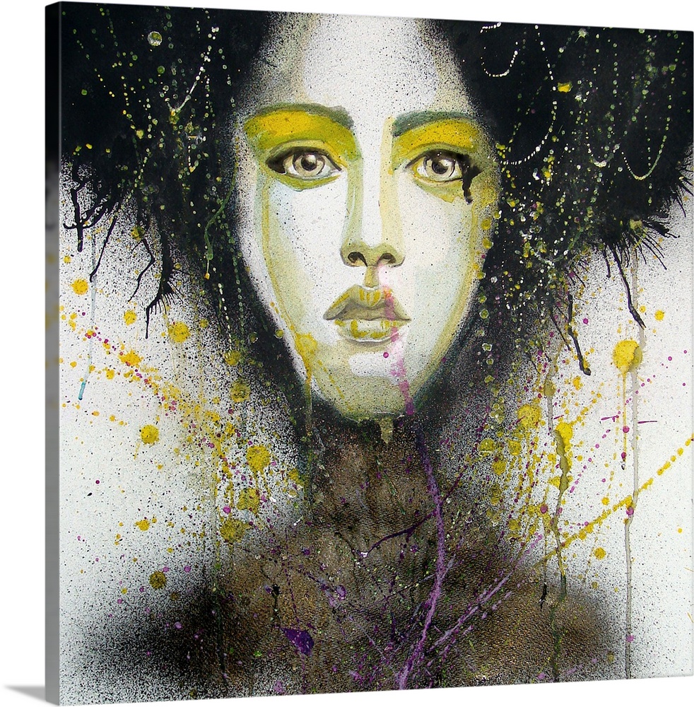 Contemporary watercolor portrait of a woman with darkness all around her and yellow make-up around her eyes.