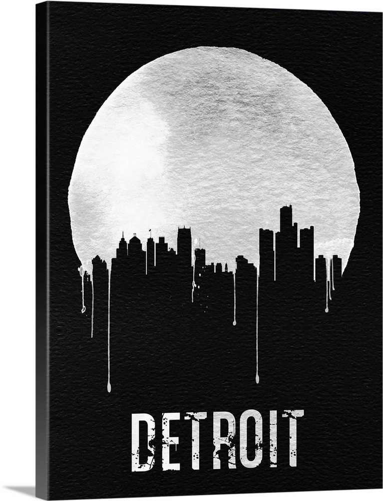 Contemporary watercolor artwork of the Detroit city skyline, in silhouette.