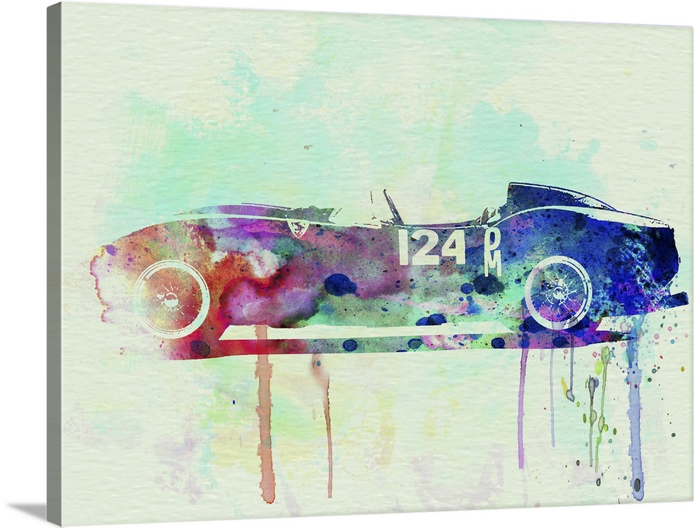 Watercolor painting of a vintage Ferrari racing car with paint splatters and drips coming from the car.