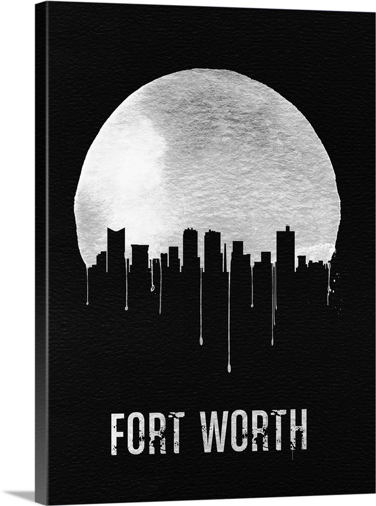 Contemporary watercolor artwork of the Fort Worth city skyline, in silhouette.