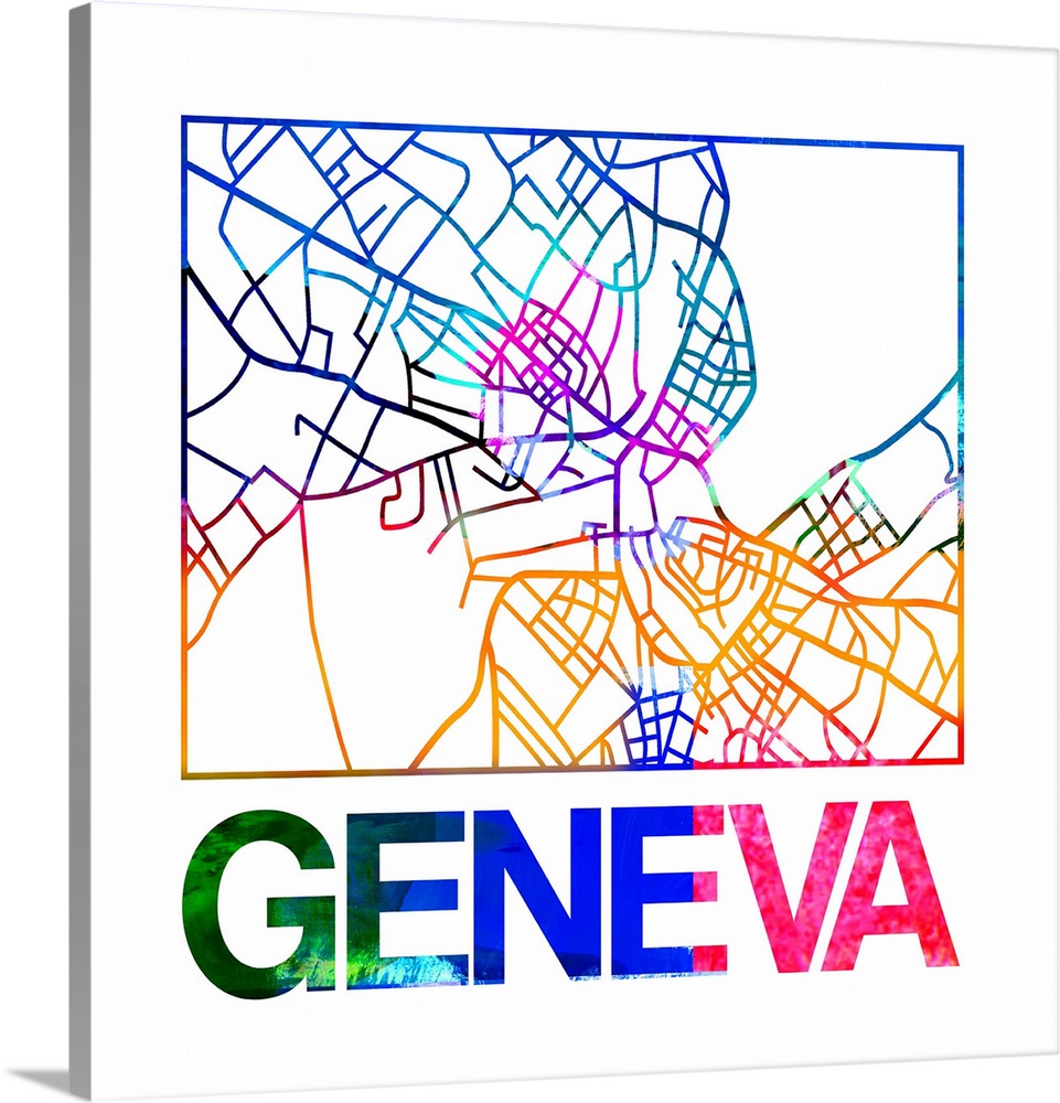 Colorful map of the streets of Geneva, Switzerland.