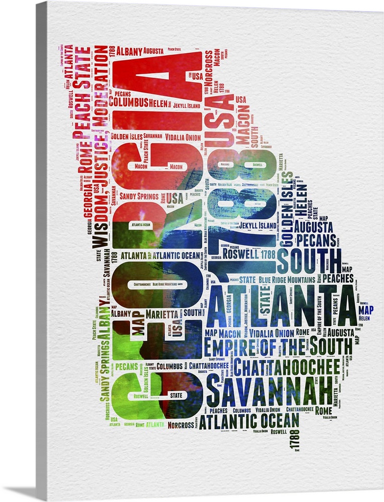 Watercolor typography art map of the US state Georgia.