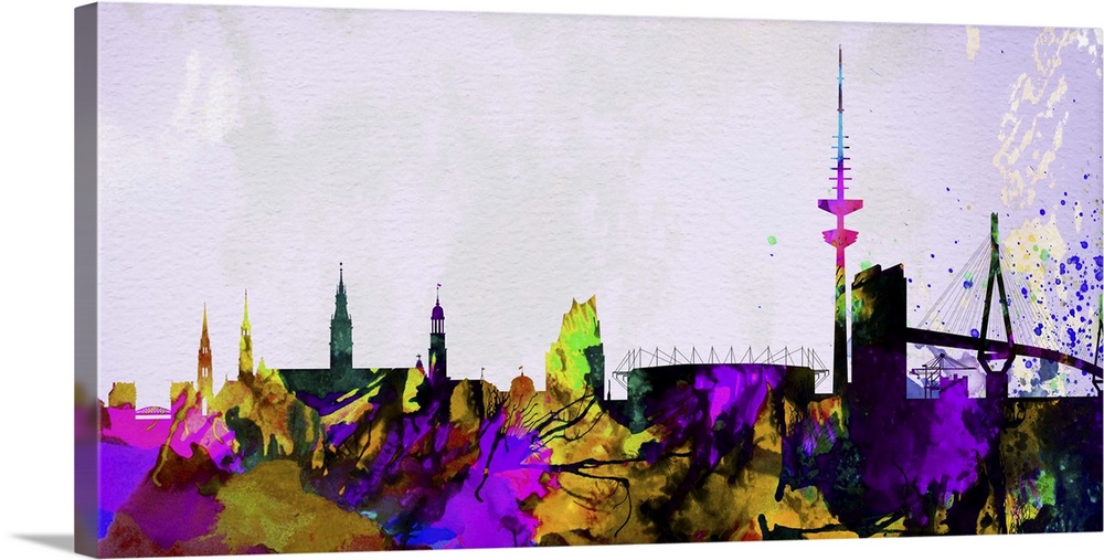 Watercolor artwork of the silhouette of the Hamburg city skyline.
