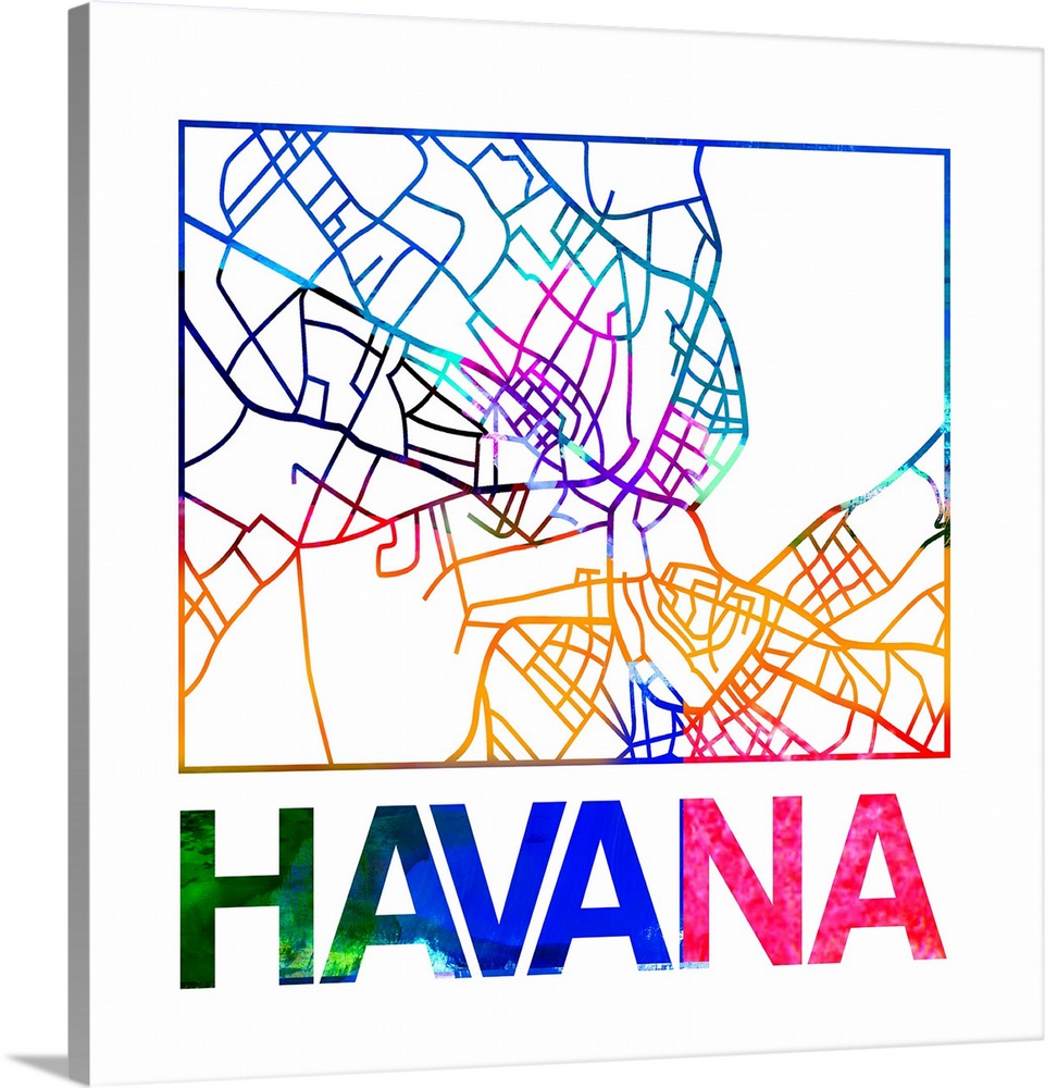 Colorful map of the streets of Havana, Cuba.