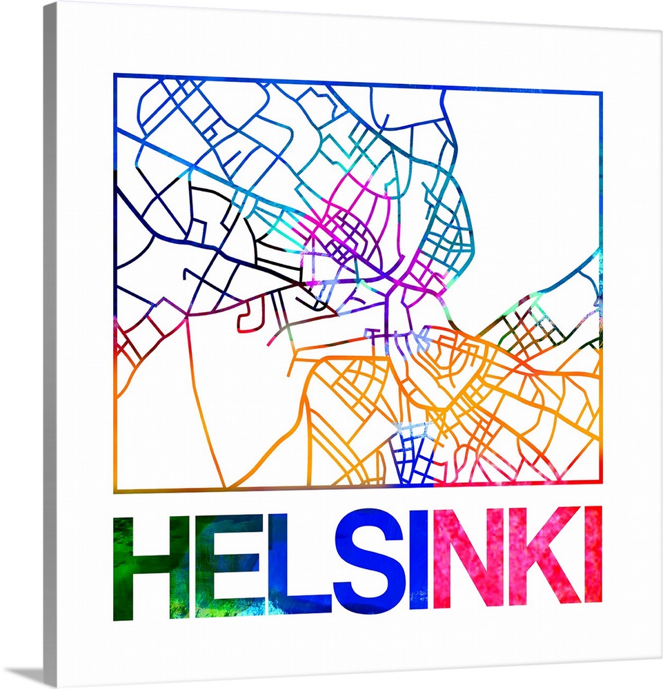 Colorful map of the streets of Helsinki, Finland.