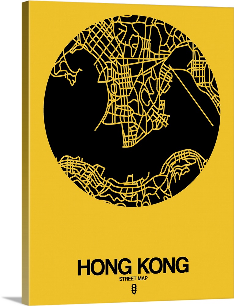 Minimalist art map of the city streets of Hong Kong in yellow and black.
