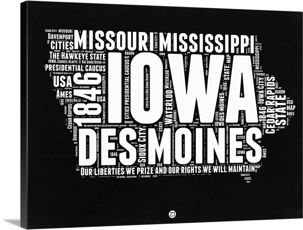 Typography art map of the US state Iowa.