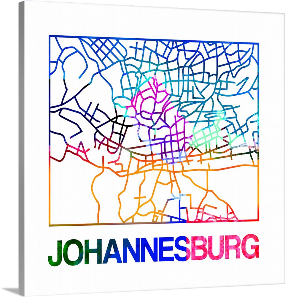Colorful map of the streets of Johannesburg, South Africa.