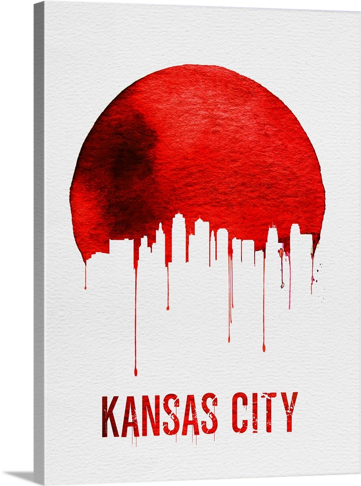 Contemporary watercolor artwork of the Kansas city skyline, in silhouette.