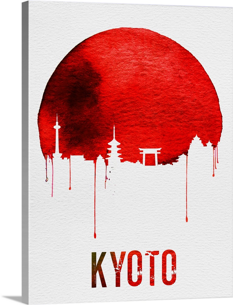 Contemporary watercolor artwork of the Kyoto city skyline, in silhouette.