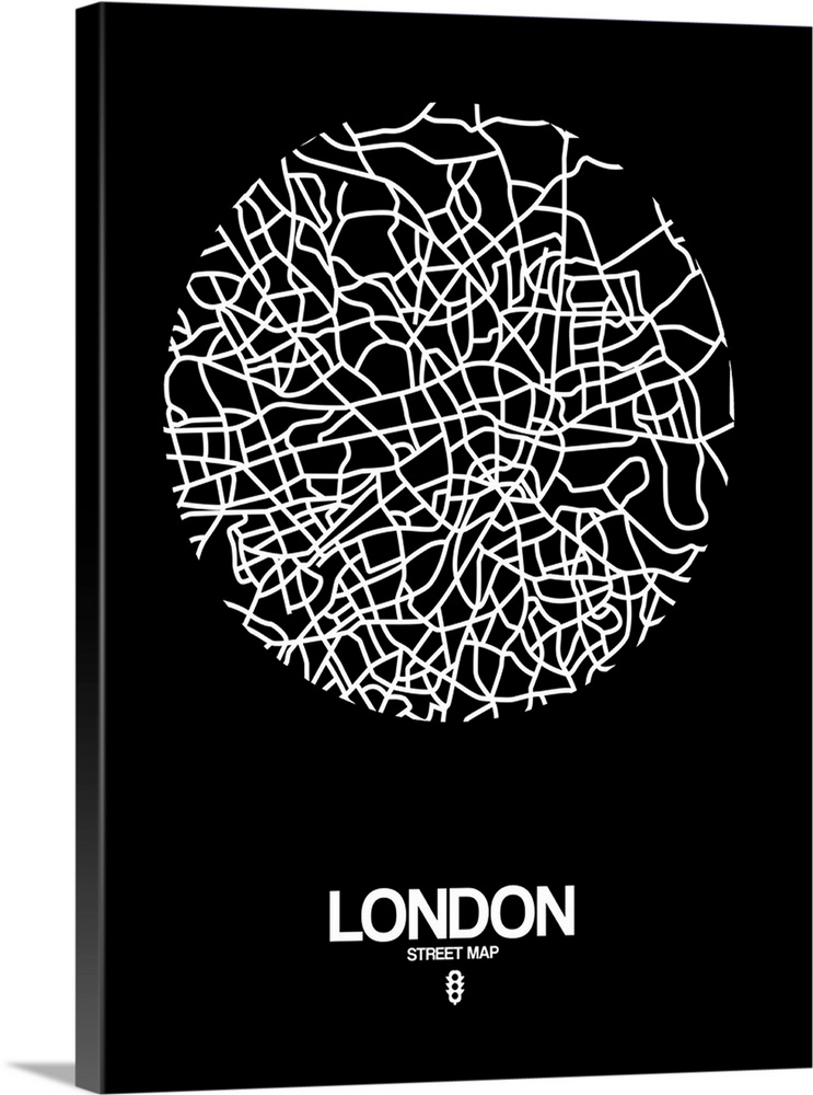 Minimalist art map of the city streets of London in black and white.