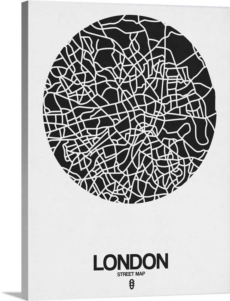 Minimalist art map of the city streets of London in white and black.