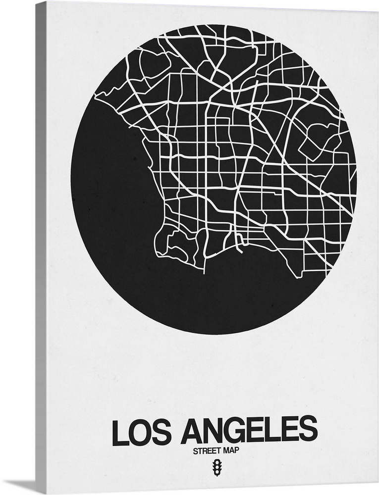 Minimalist art map of the city streets of Los Angeles in white and black.
