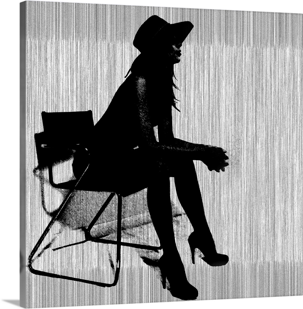 Contemporary artwork of a silhouette of a woman wearing hills and a hat leaning forward in a chair with a vertical striped...
