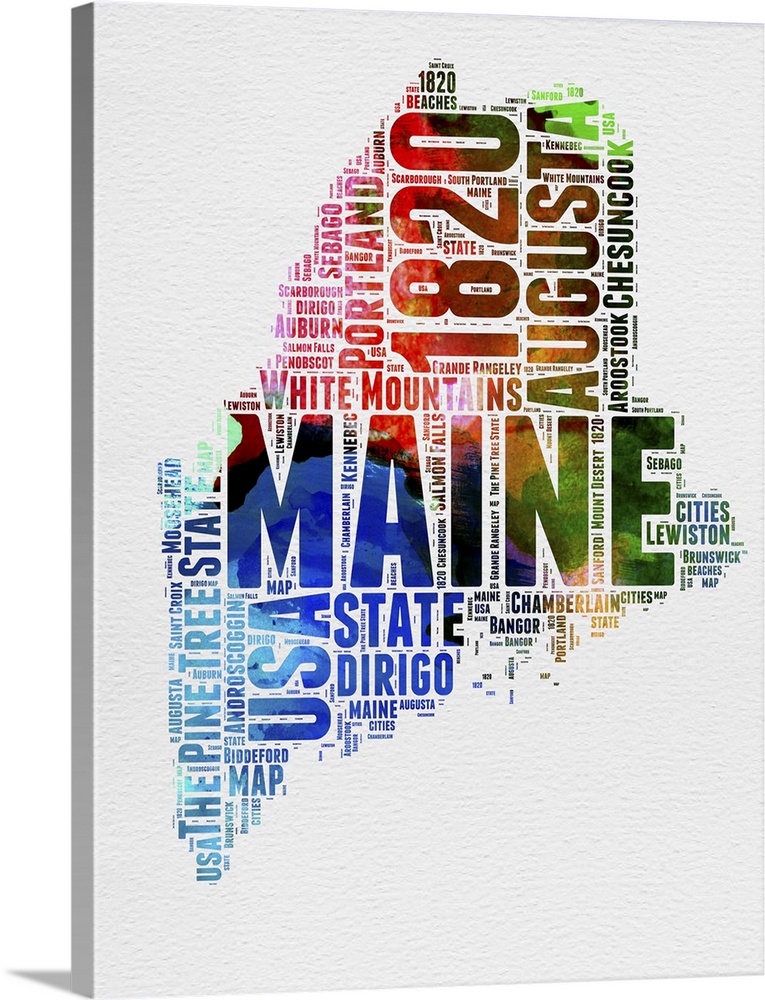Watercolor typography art map of the US state Maine.