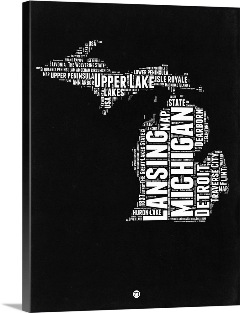 Typography art map of the US state Michigan.