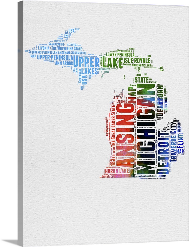 Watercolor typography art map of the US state Michigan.