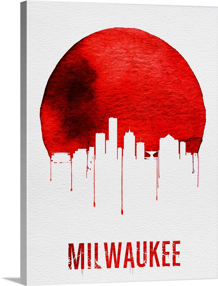 Contemporary watercolor artwork of the Milwaukee city skyline, in silhouette.