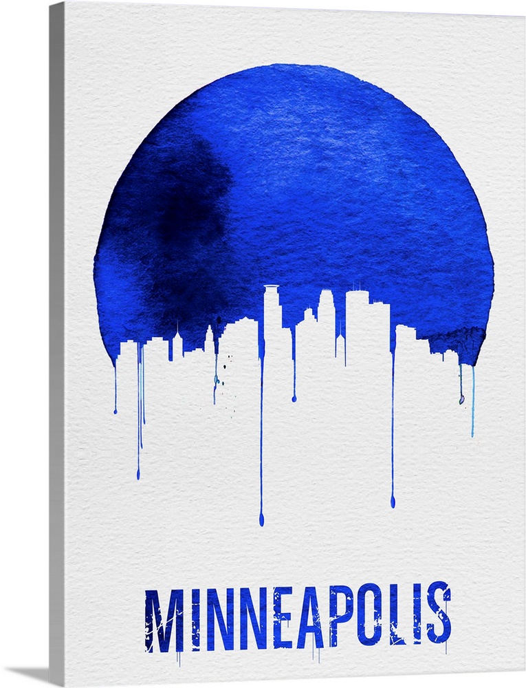 Contemporary watercolor artwork of the Minneapolis city skyline, in silhouette.