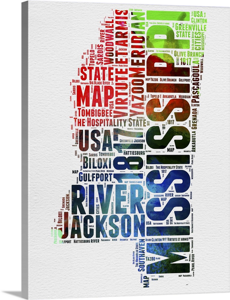 Watercolor typography art map of the US state Mississippi.
