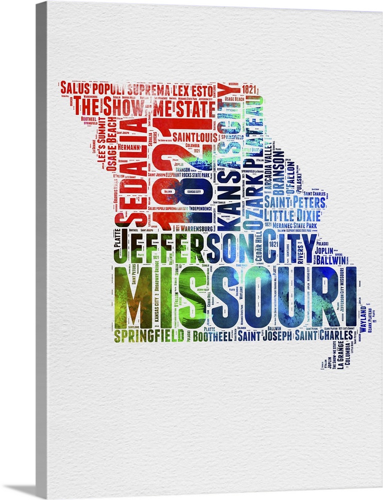 Watercolor typography art map of the US state Missouri.
