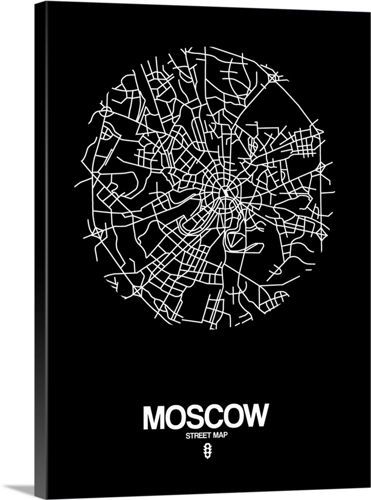 Minimalist art map of the city streets of Moscow in black and white.