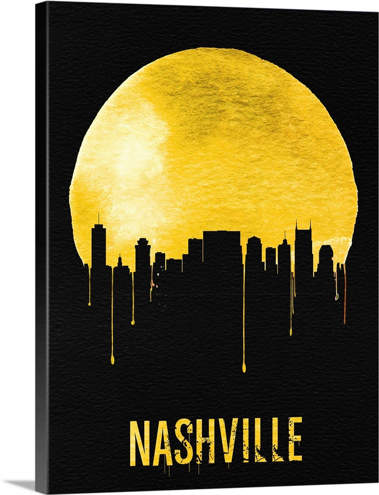 Contemporary watercolor artwork of the Nashville city skyline, in silhouette.
