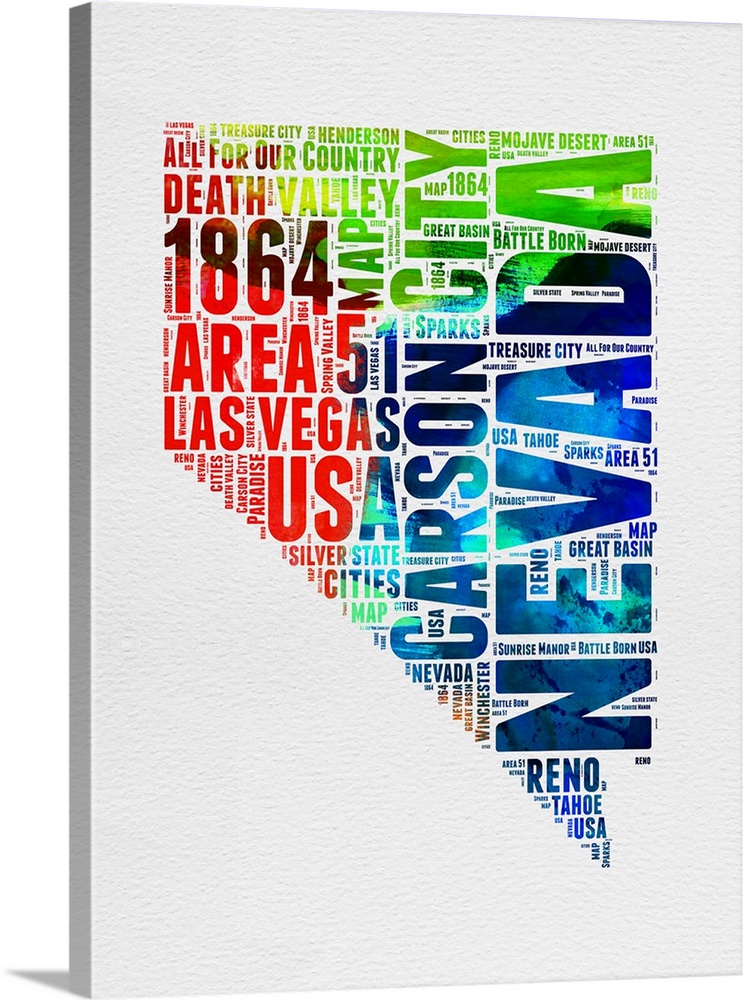 Watercolor typography art map of the US state Nevada.