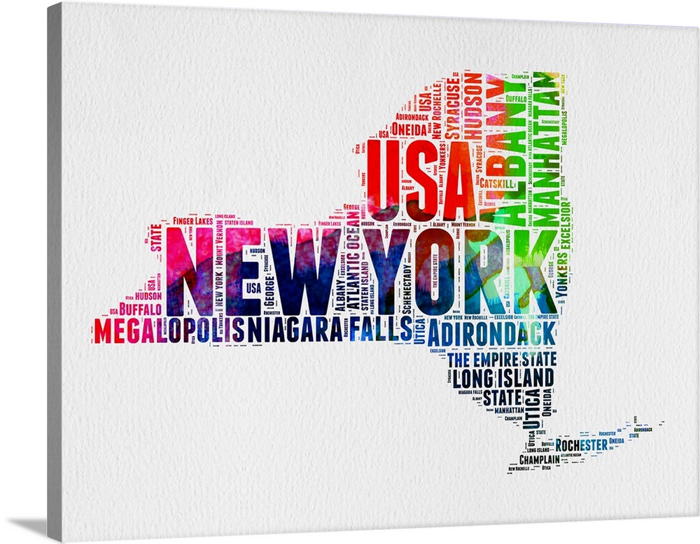Watercolor typography art map of the US state New York.