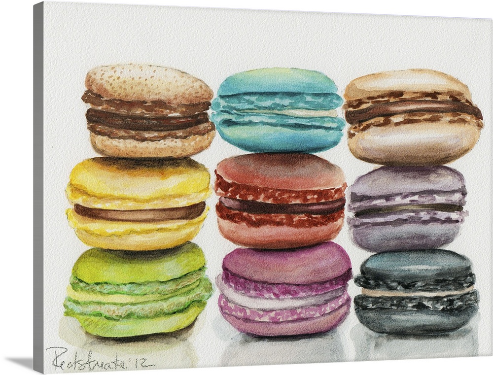 Contemporary painting of three stacks of colorful macaroons.