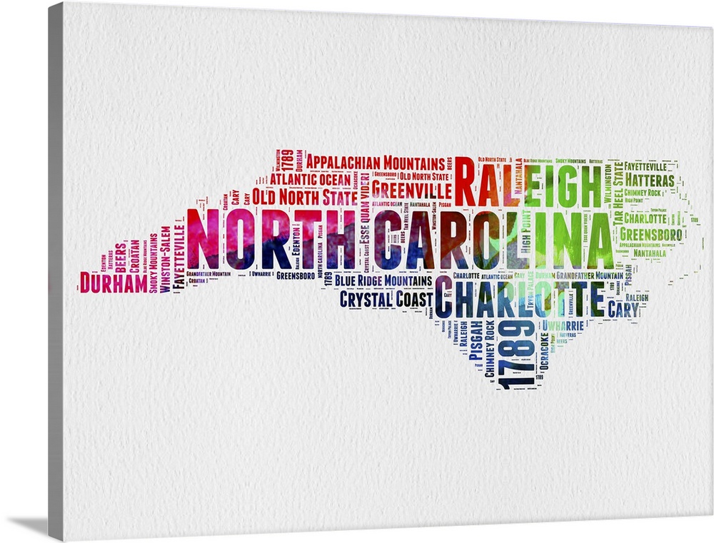 Watercolor typography art map of the US state North Carolina.