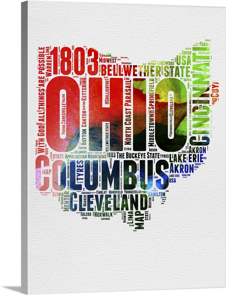 Watercolor typography art map of the US state Ohio.