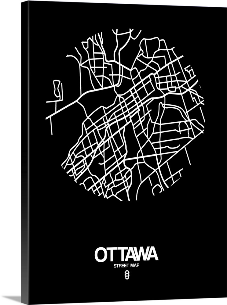 Minimalist art map of the city streets of Ottawa in black and white.