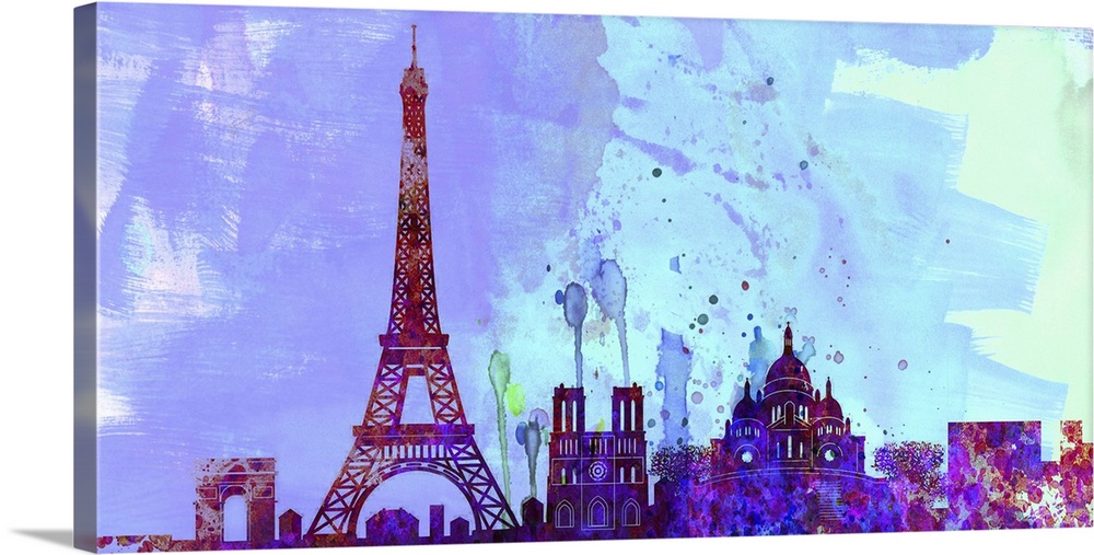 Watercolor artwork of the silhouette of the Paris city skyline.