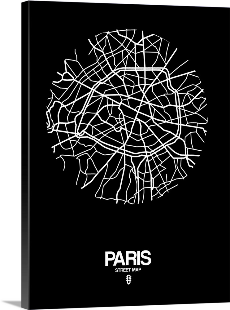 Minimalist art map of the city streets of Paris in black and white.