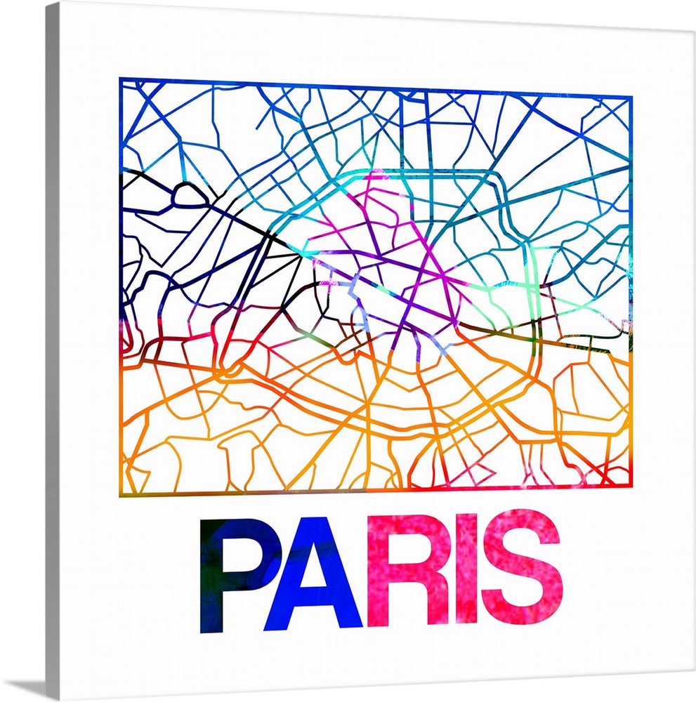 Colorful map of the streets of Paris, France.
