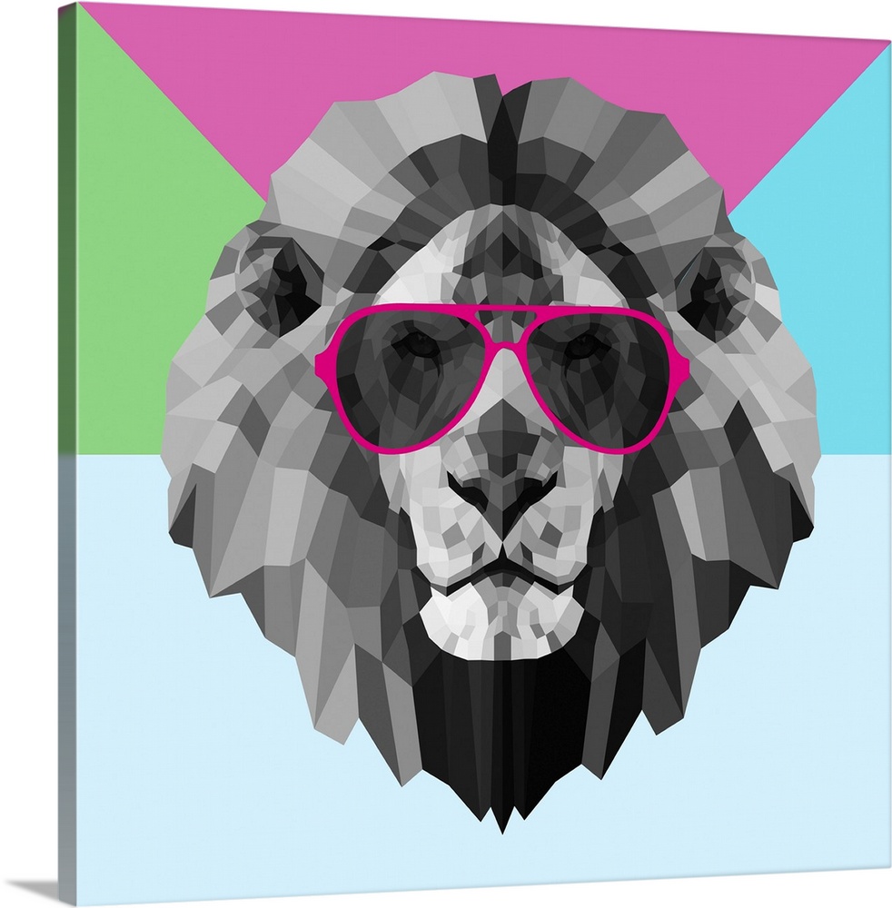 Lion head wearing sunglasses made up of a polygon mesh.