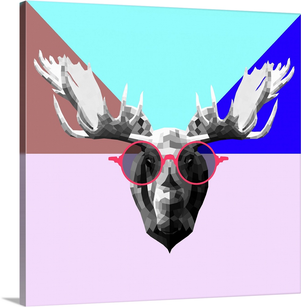 Moose head wearing sunglasses made up of a polygon mesh.