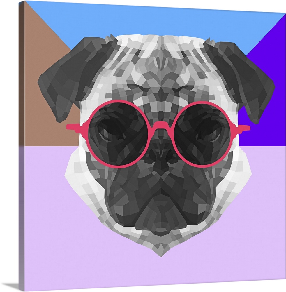 Pug head wearing sunglasses made up of a polygon mesh.