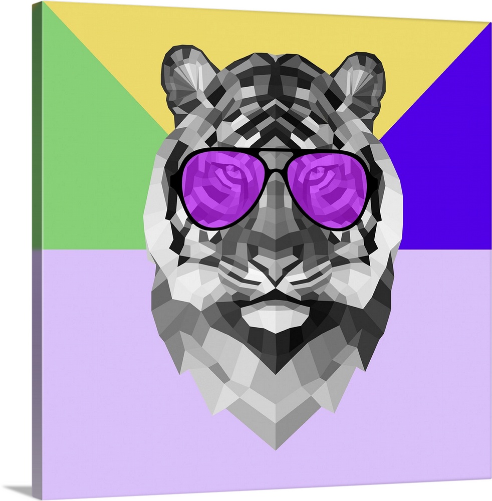 Tiger head wearing sunglasses made up of a polygon mesh.