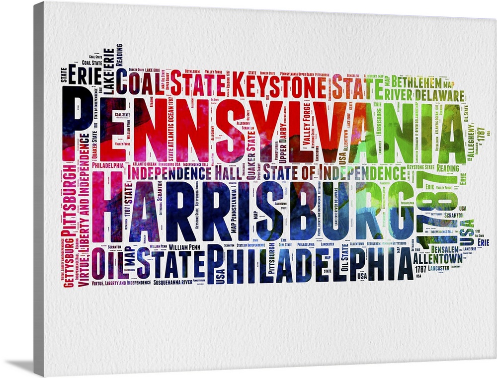 Watercolor typography art map of the US state Pennsylvania.