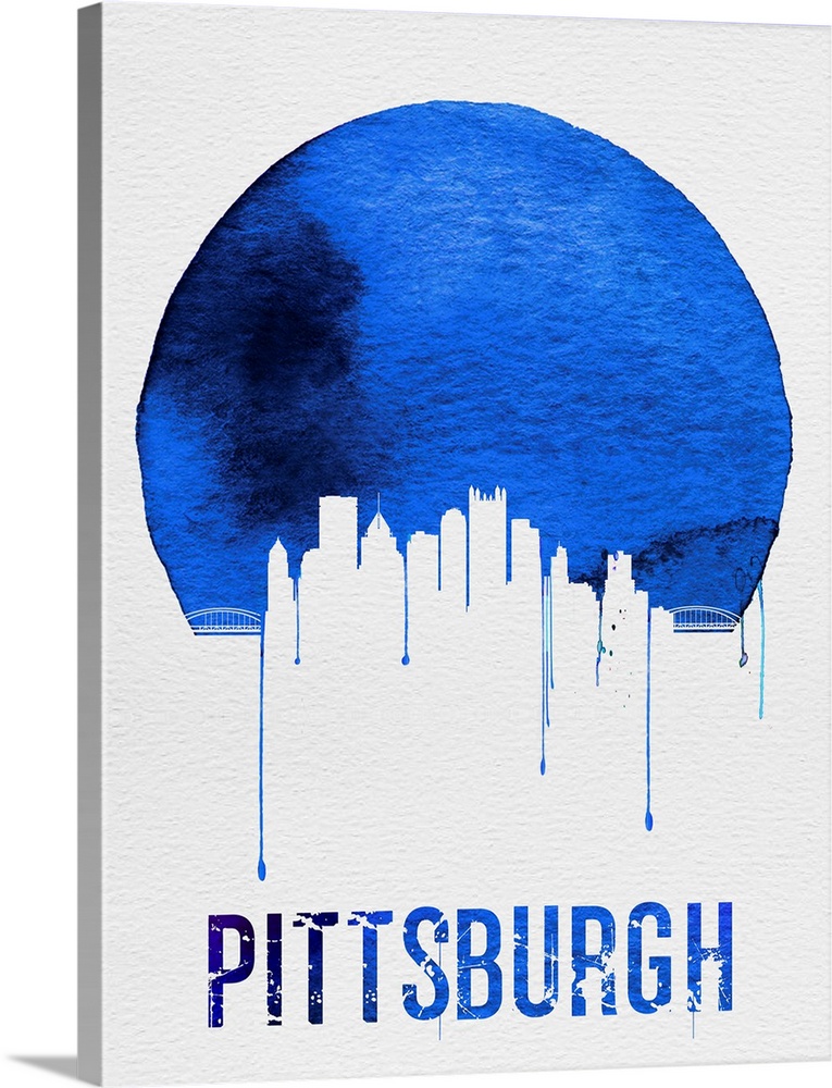 Contemporary watercolor artwork of the Pittsburgh city skyline, in silhouette.