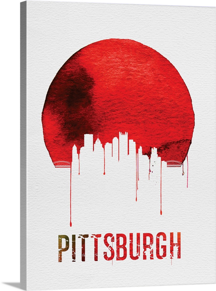Contemporary watercolor artwork of the Pittsburgh city skyline, in silhouette.