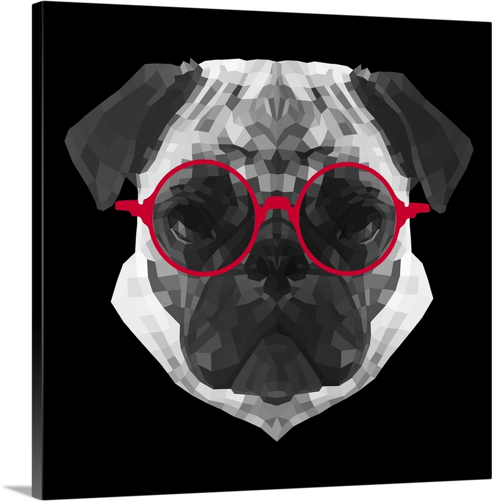 Pug head wearing sunglasses made up of a polygon mesh.