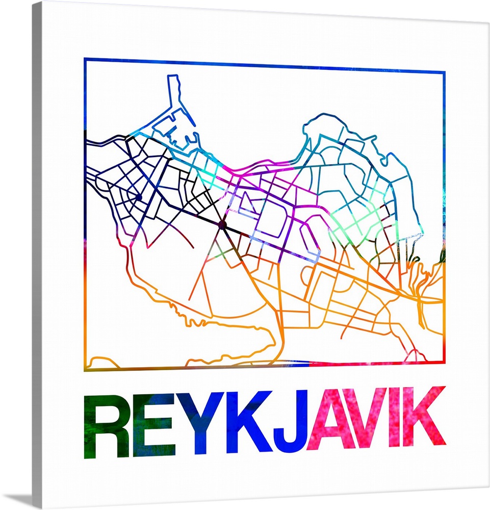 Colorful map of the streets of Reykjavik, Iceland.