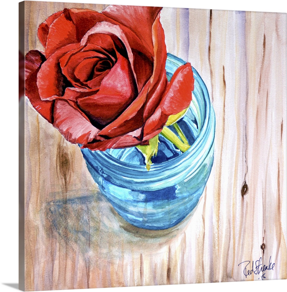 Contemporary painting of a rose sitting in a glass jar.