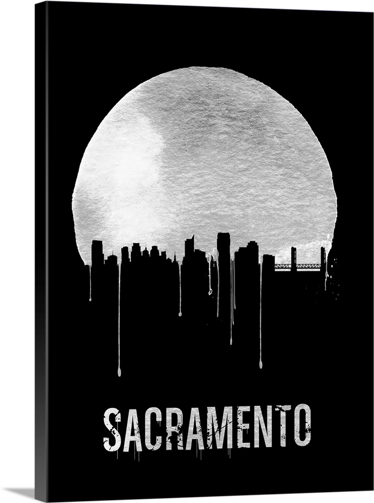 Contemporary watercolor artwork of the Sacramento city skyline, in silhouette.