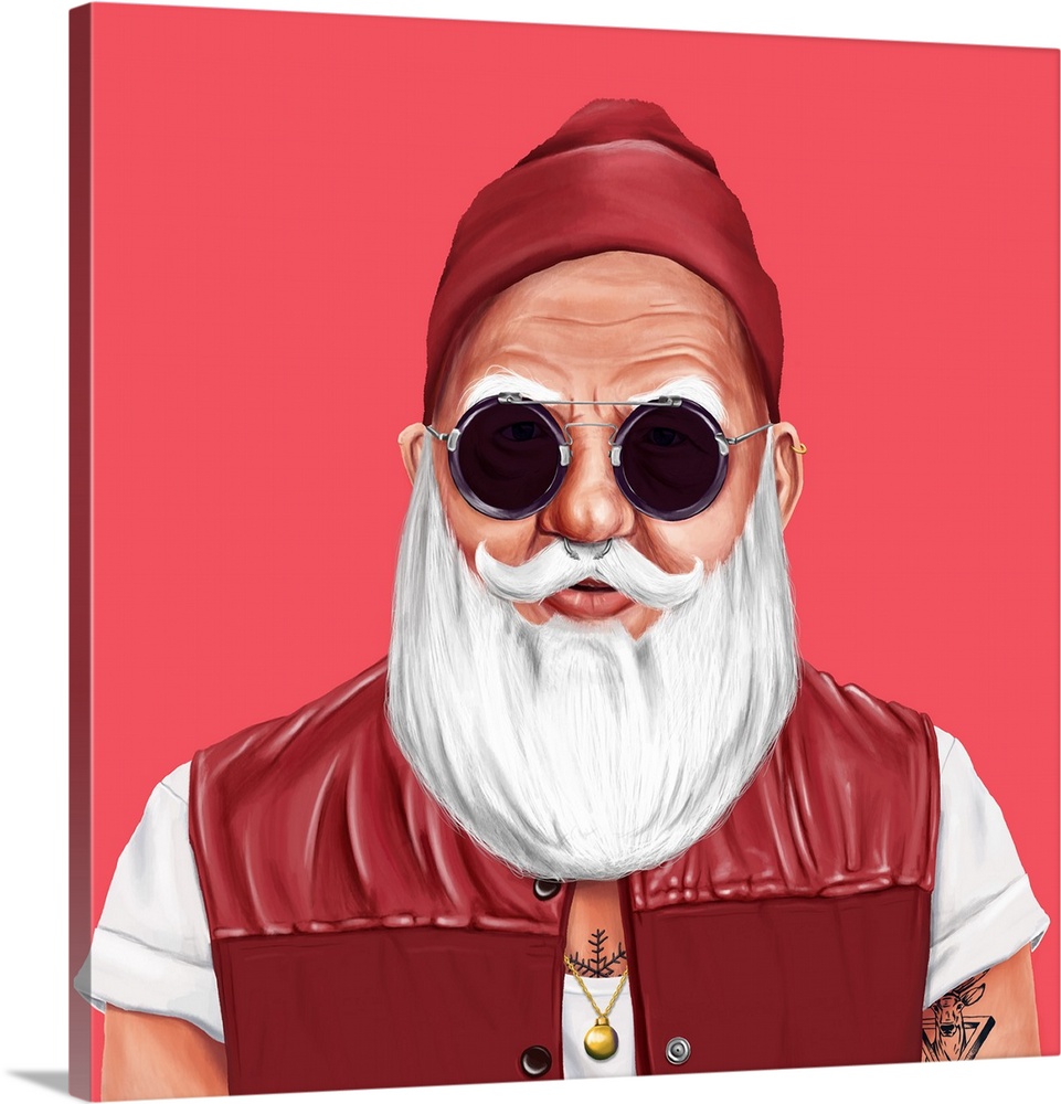 Santa Claus dressed as a hipster, with beanie, dark glasses, and a vest.
