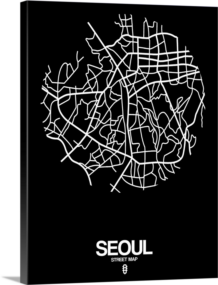 Minimalist art map of the city streets of Seoul in black and white.